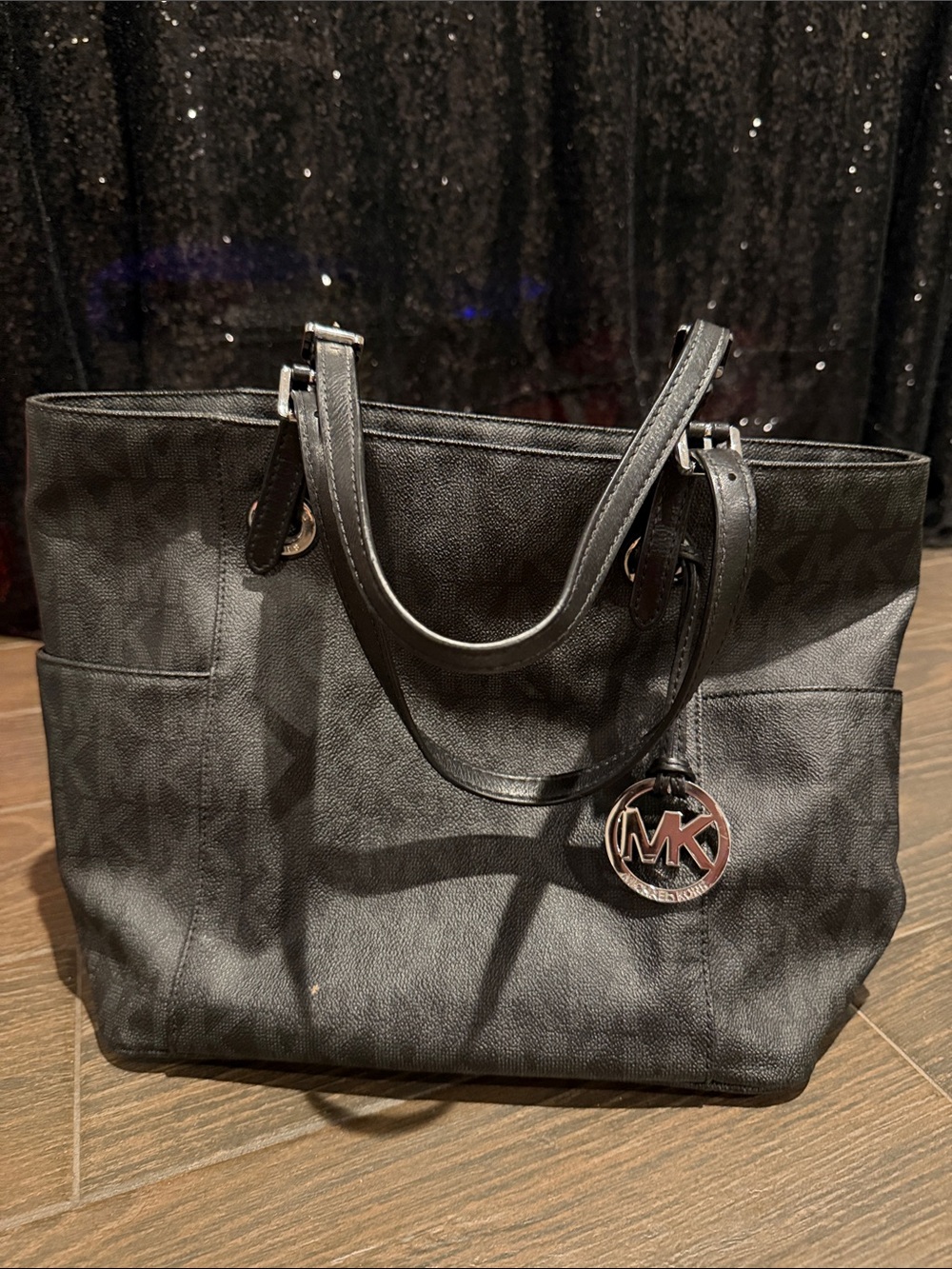 Michael Kors Black MK Logo Tote with Silver Charm